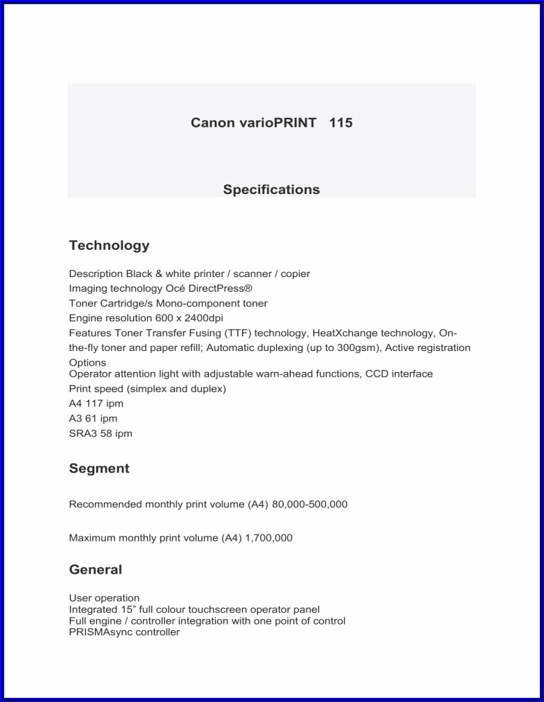 Canon Varioprint 115 Specifications