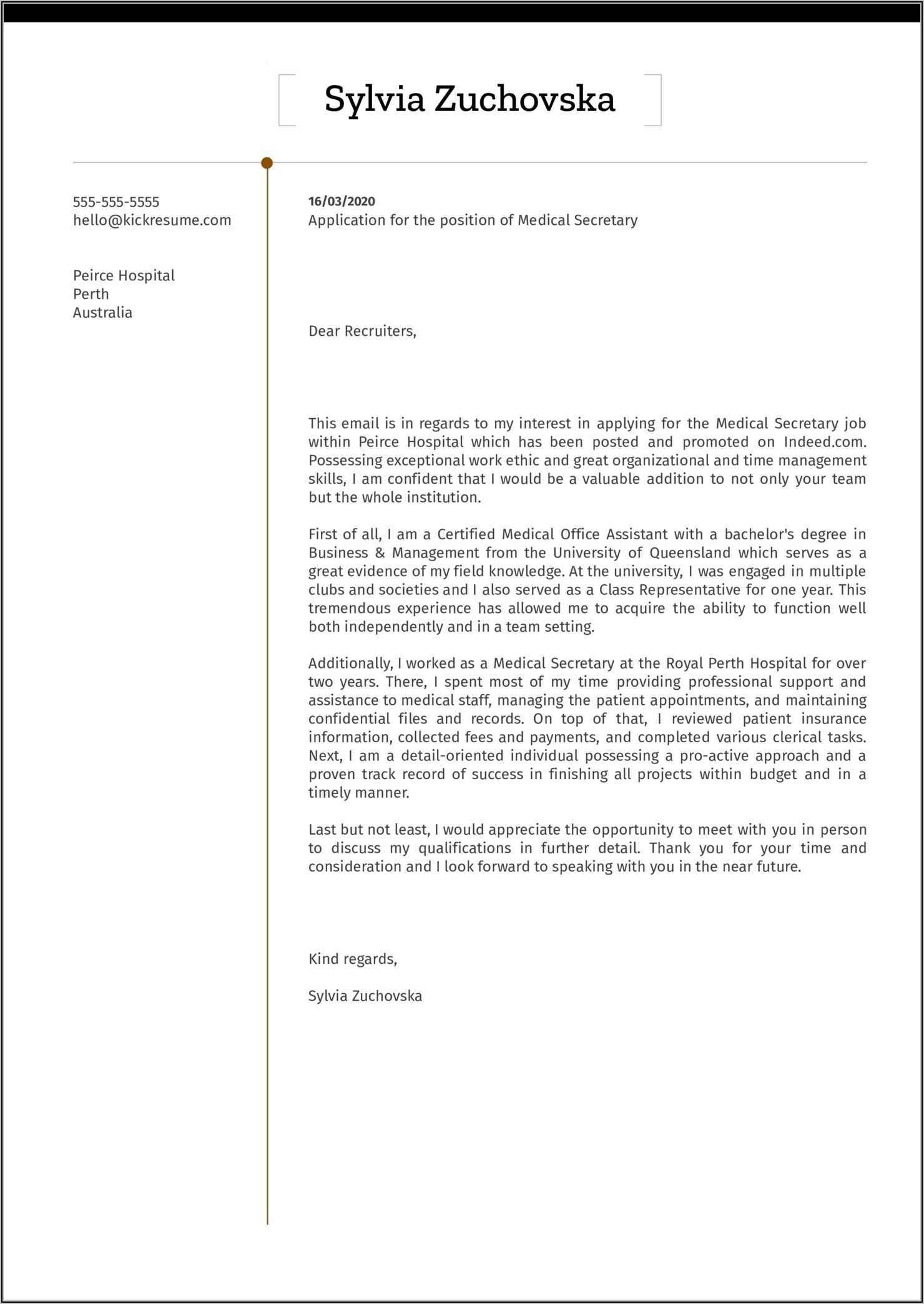 Cover Letter For Medical Receptionist Job Australia