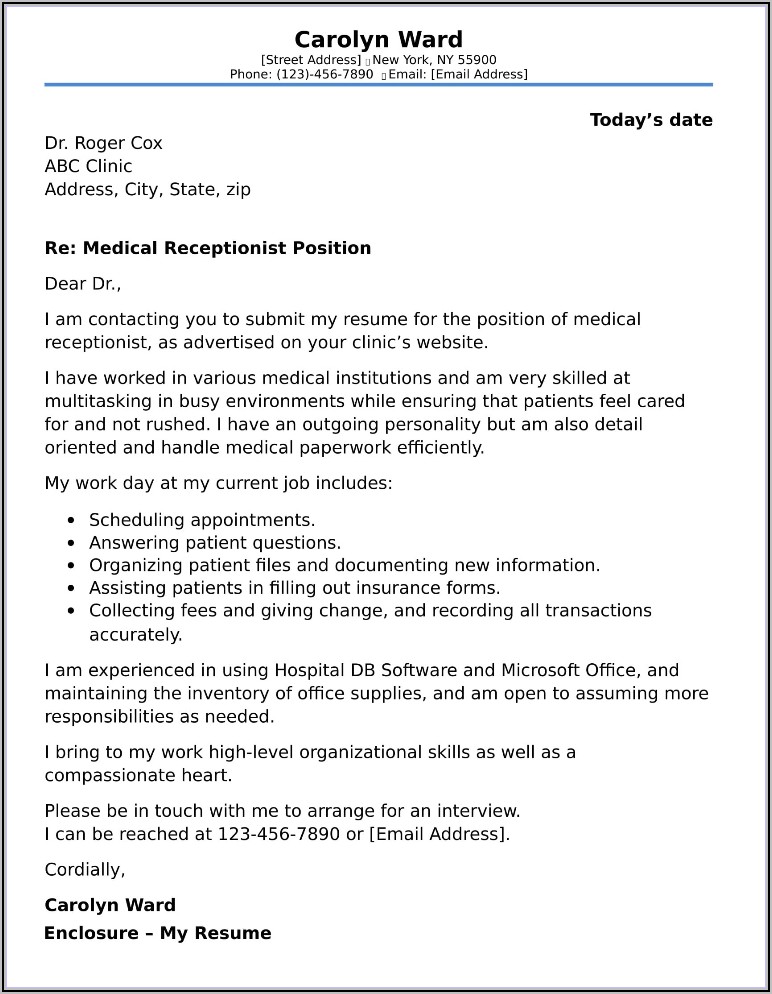 Cover Letter For Medical Receptionist Job