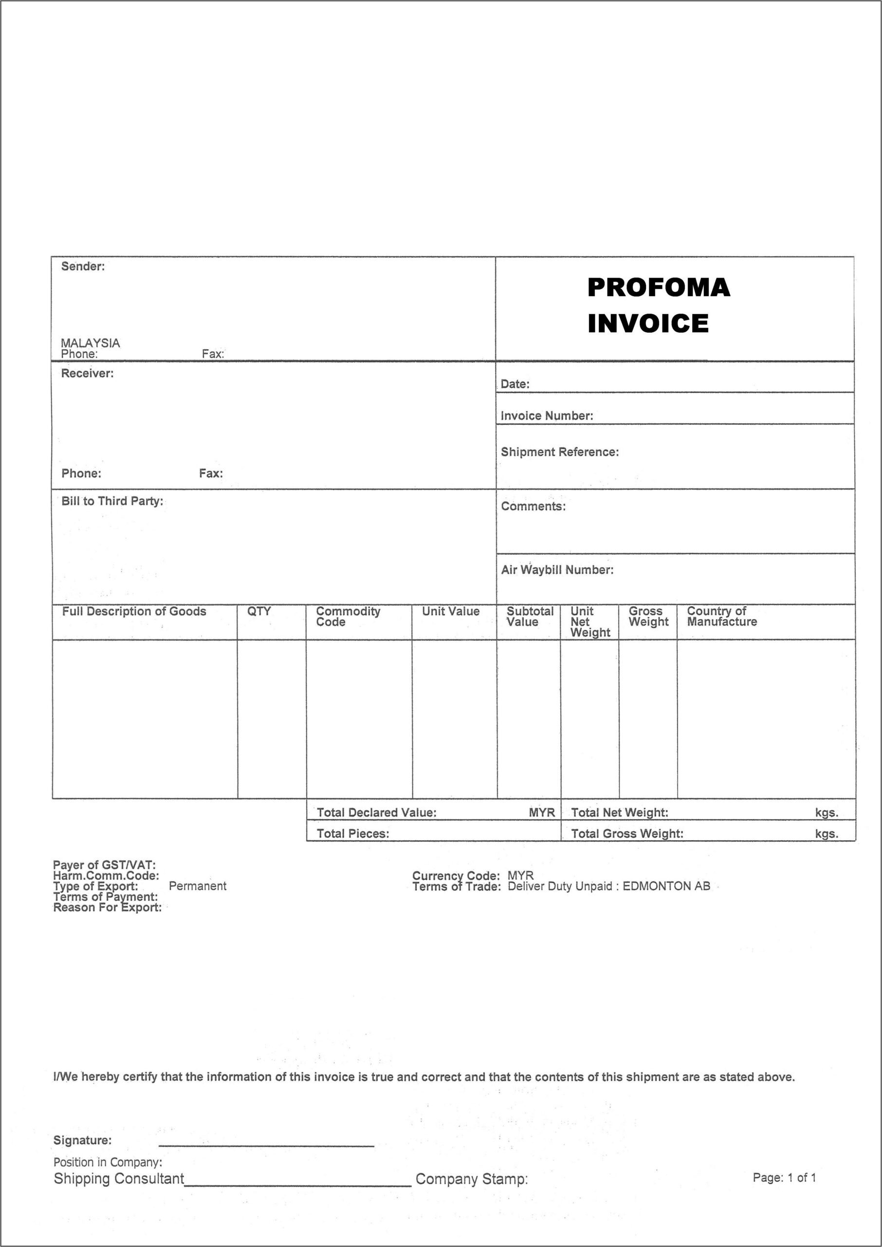 Dhl Proforma Invoice Template Pdf
