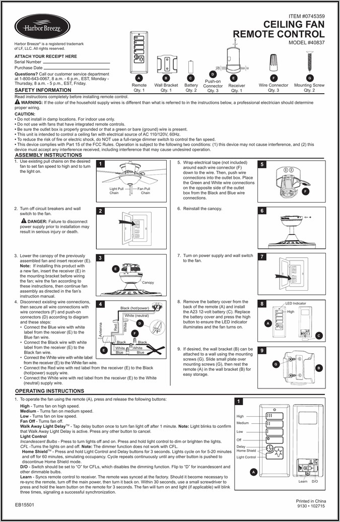 Harbor Breeze Ceiling Fan Remote Installation Instructions
