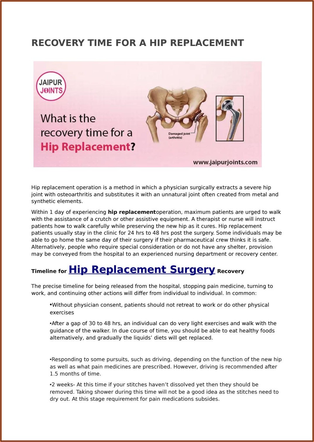 Hip Replacement Surgery Recovery Timetable