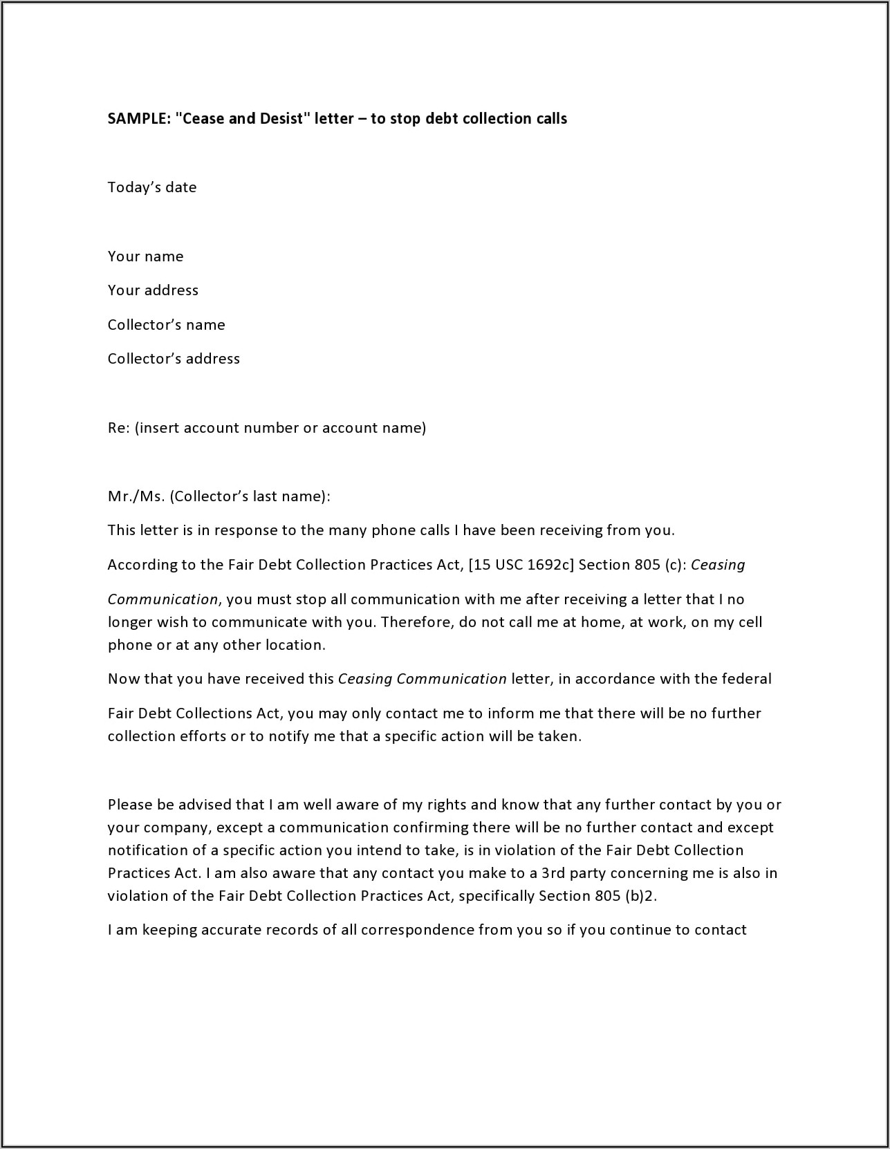 Personal Cease And Desist Letter Sample