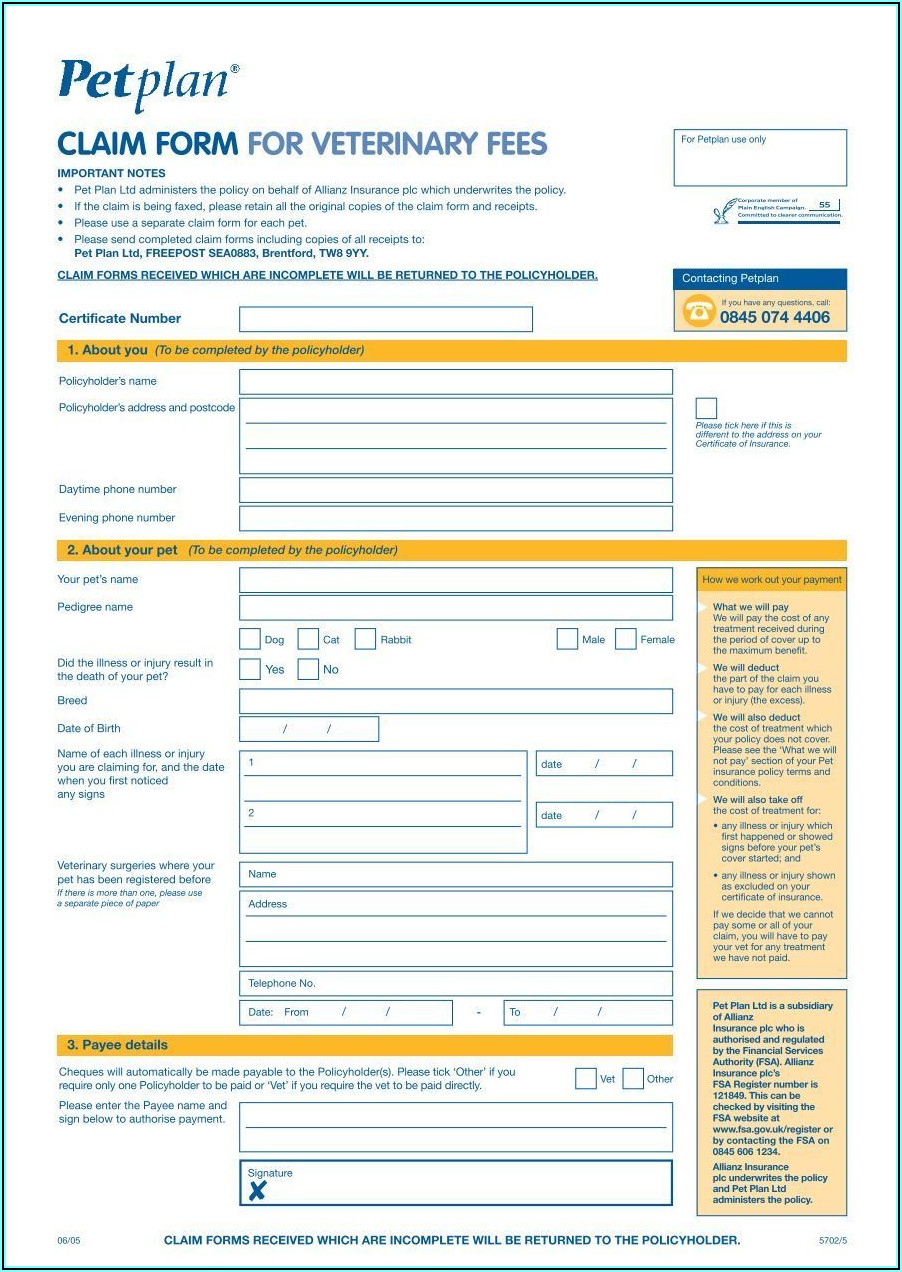 Pet Plan Claim Form For Veterinary Fees