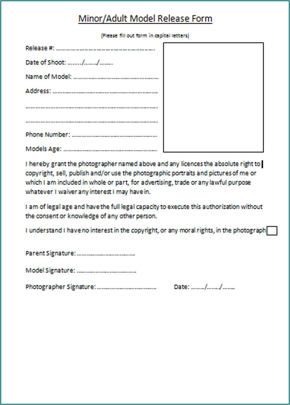 Photographer Release Form Uk