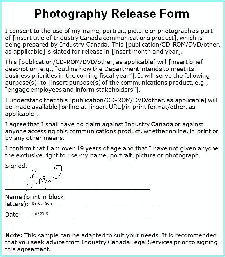 Photography Release Form Canada