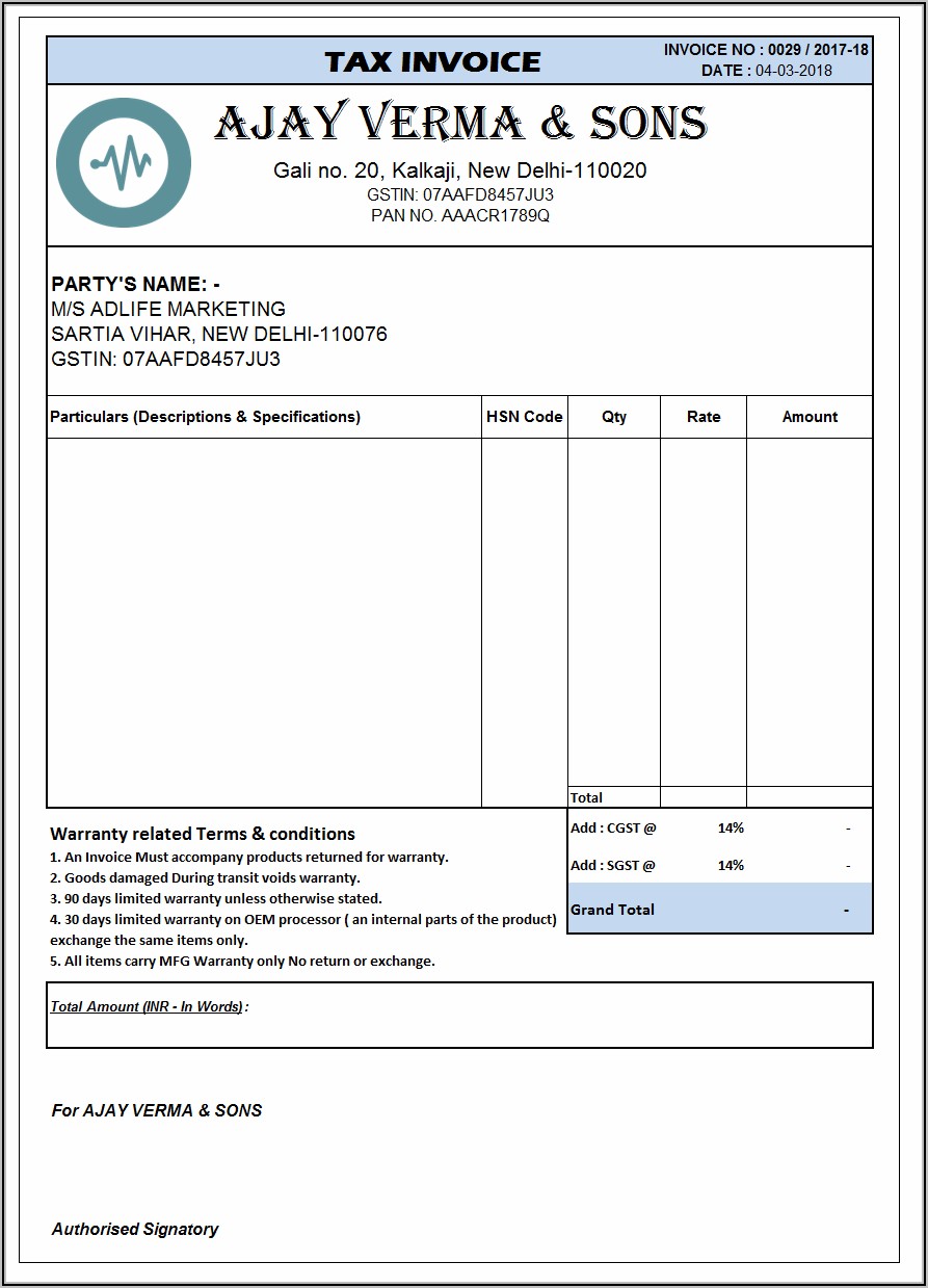Retail Invoice Format In Word Sheet Free Download