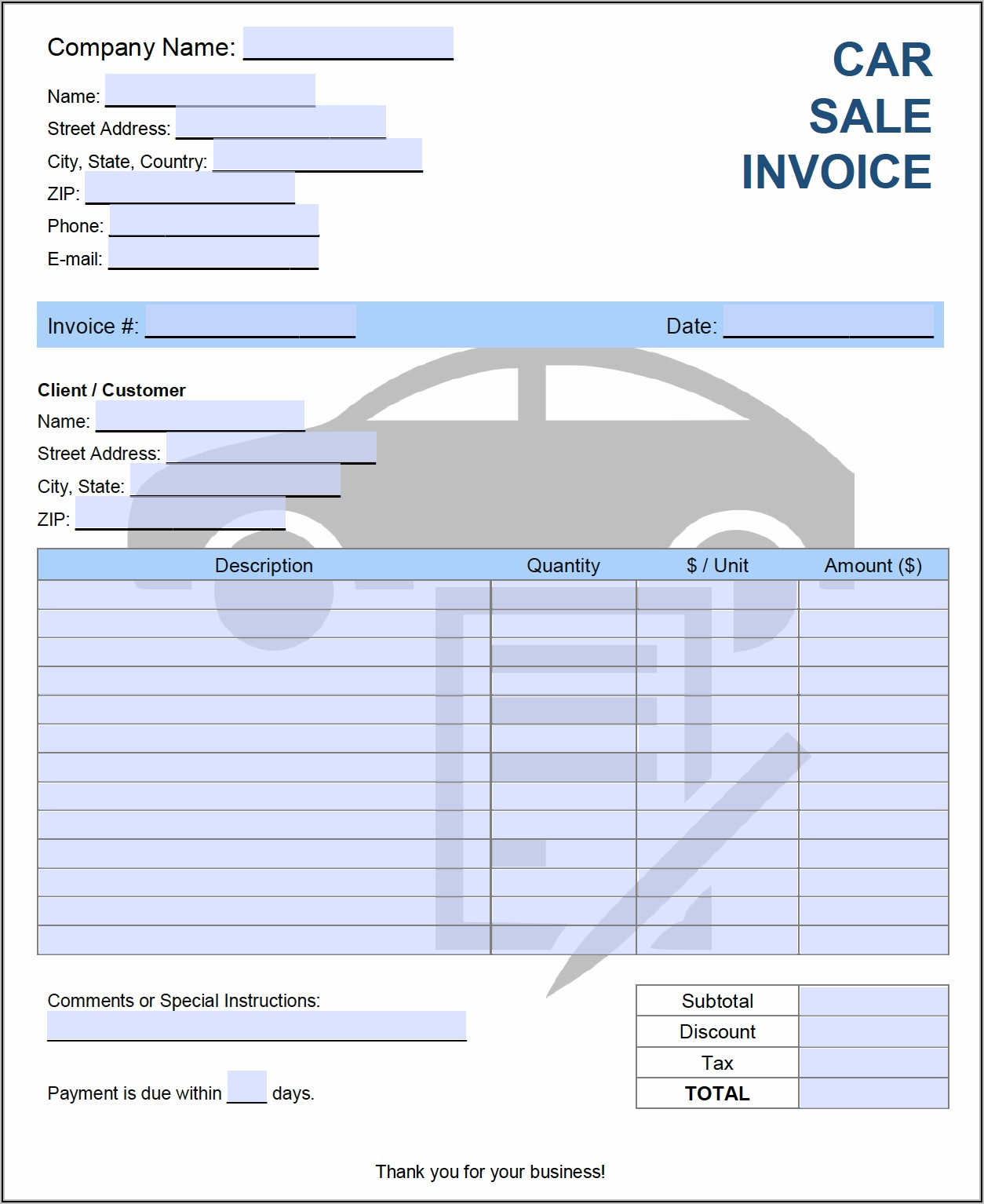 Used Car Dealer Invoice Template