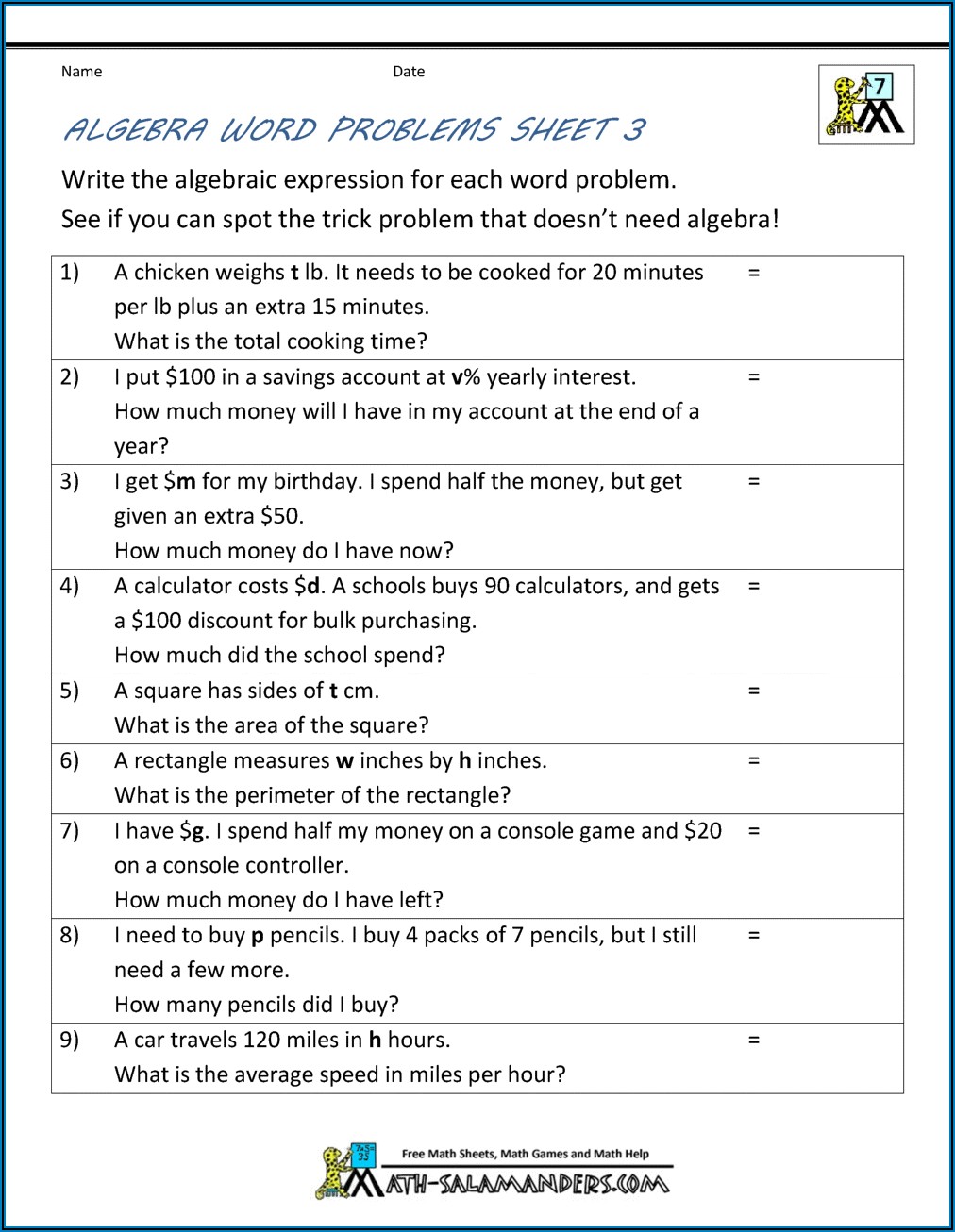 Algebra Word Problems Worksheet Pdf Year 9