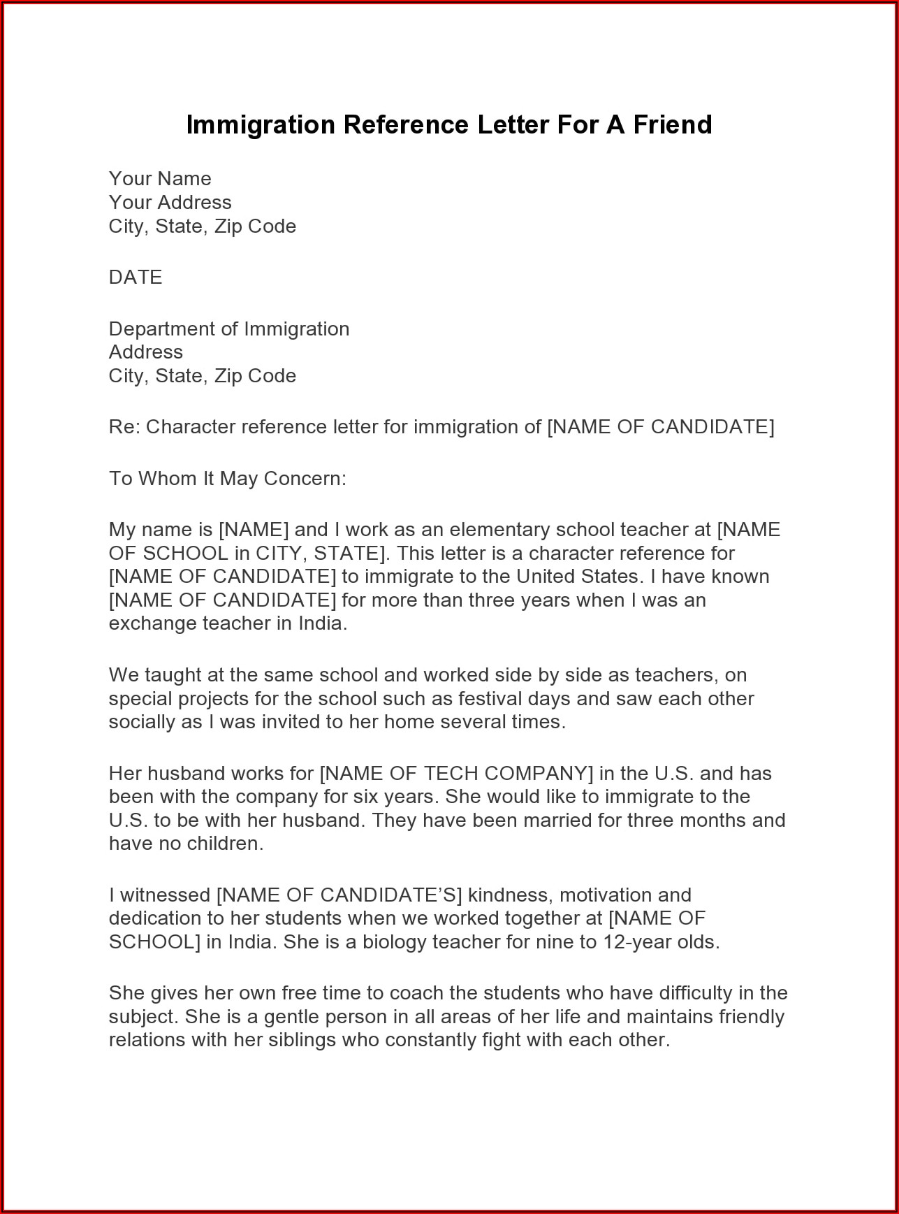 Character Reference Letter For Immigration From Employer
