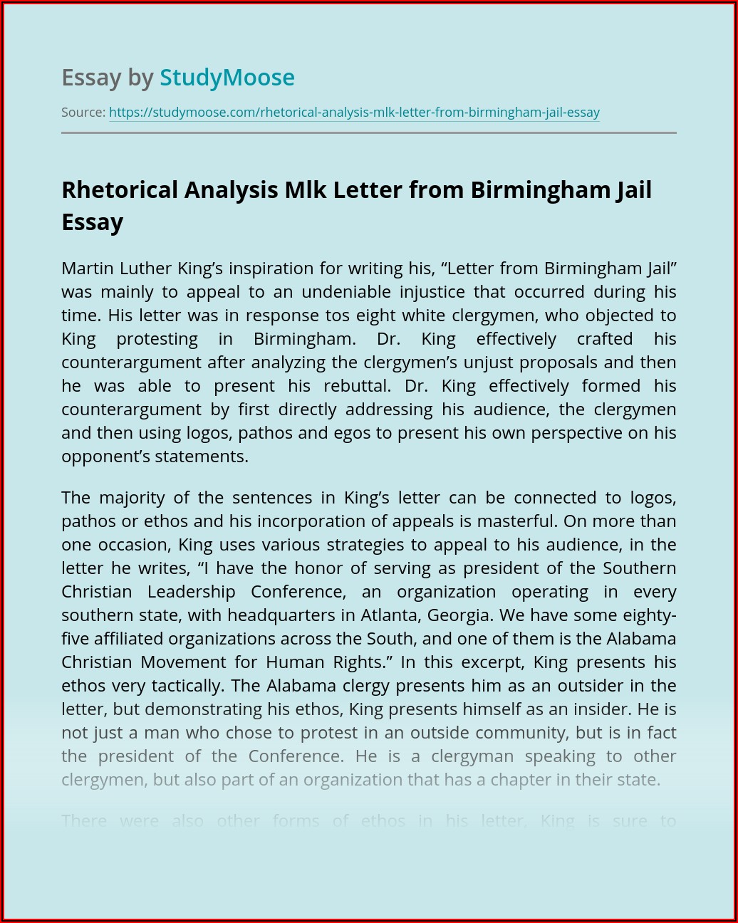 Dr King Letter From Birmingham Jail Essay