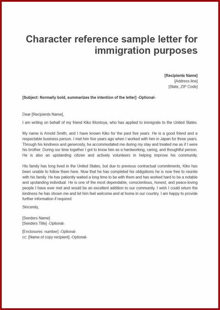 Example Character Reference Letter For A Friend For Immigration
