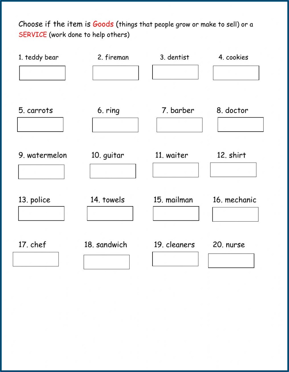 Goods And Services Worksheet Grade 2