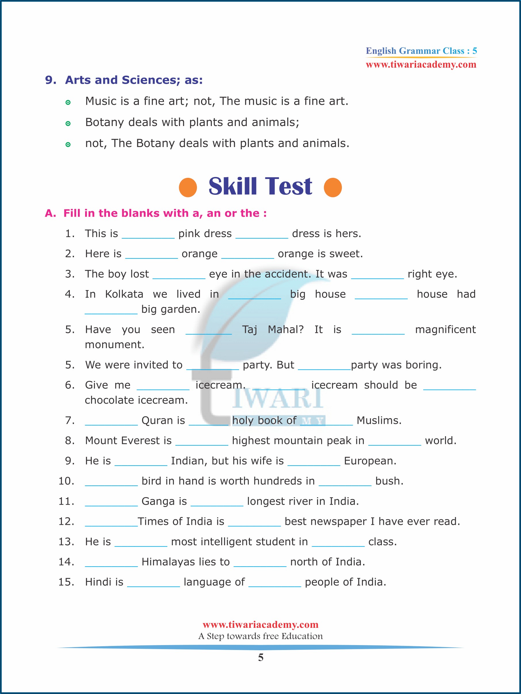 Grade 5 English Grammar Worksheets On Articles Worksheet Resume Template Collections ZKzEkLkAVM