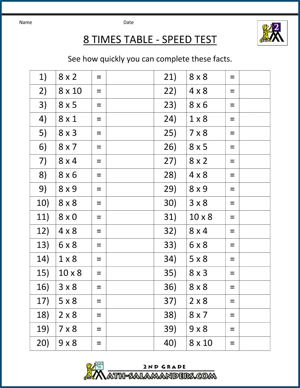 Math Worksheets 8 Times Tables