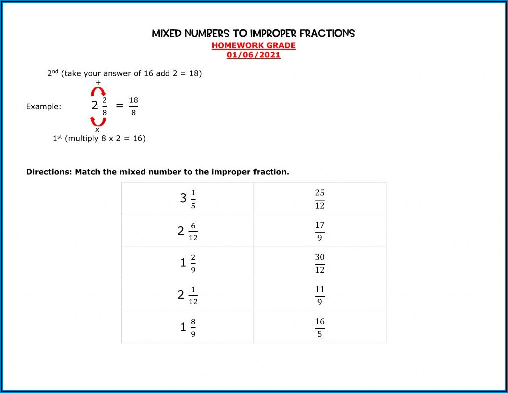 Mixed Numbers To Improper Fractions Worksheet