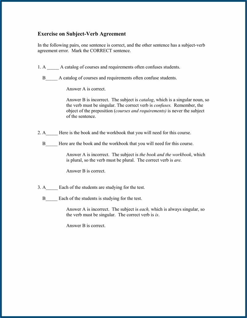 Subject Verb Object Agreement Worksheets