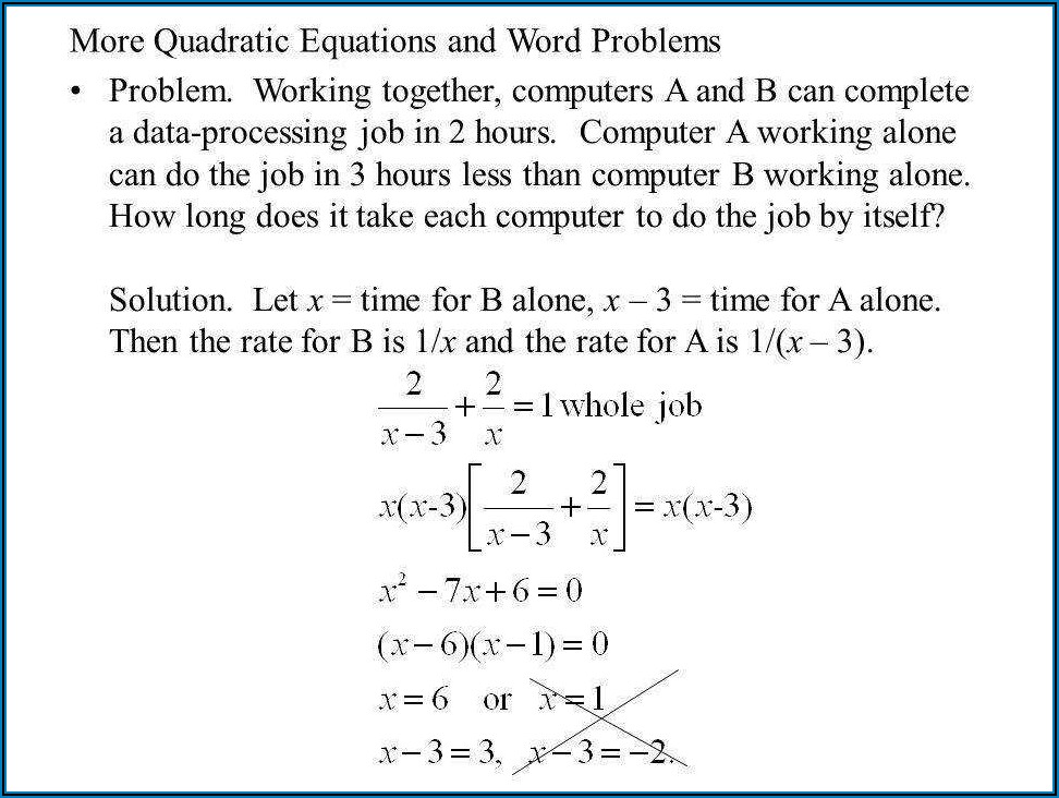 Word Problems Involving Quadratic Equations Worksheet