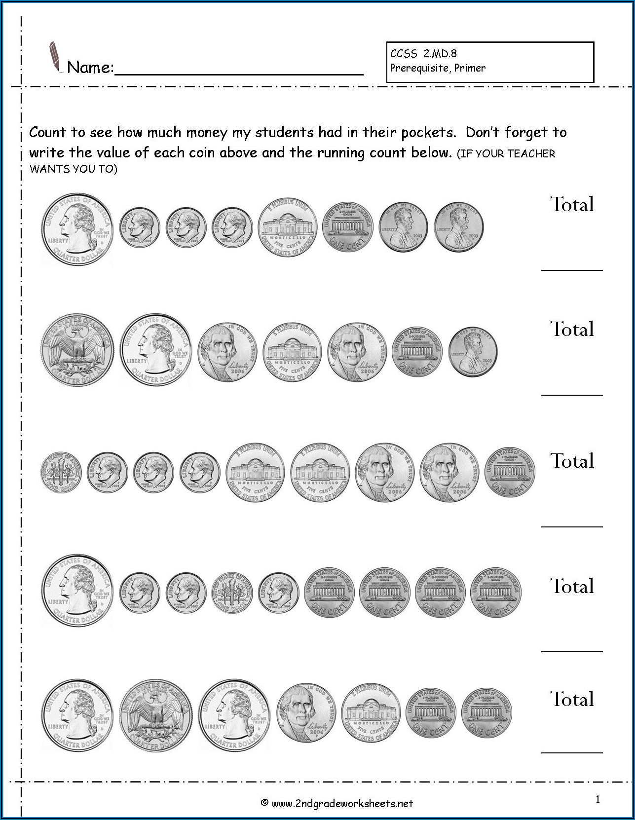 2nd Grade Math Worksheets Coins