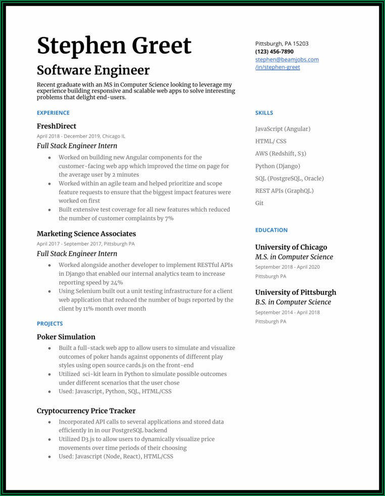 Best Resume Format For Freshers Computer Science Engineers Free Download Pdf