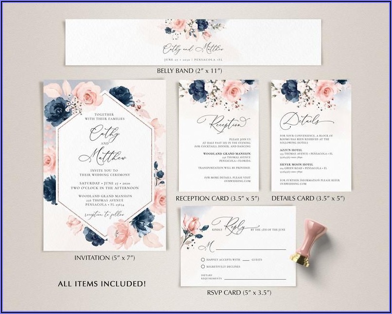 Blush Pink And Navy Blue Wedding Invitations