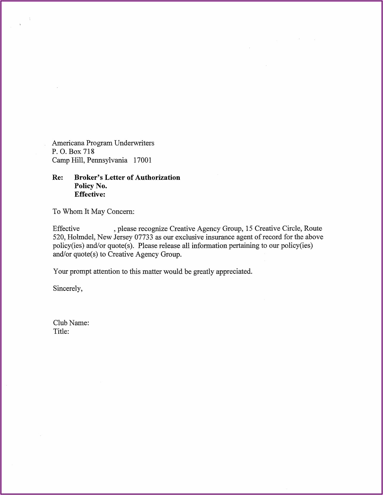 Broker Of Record Letter For Quotes