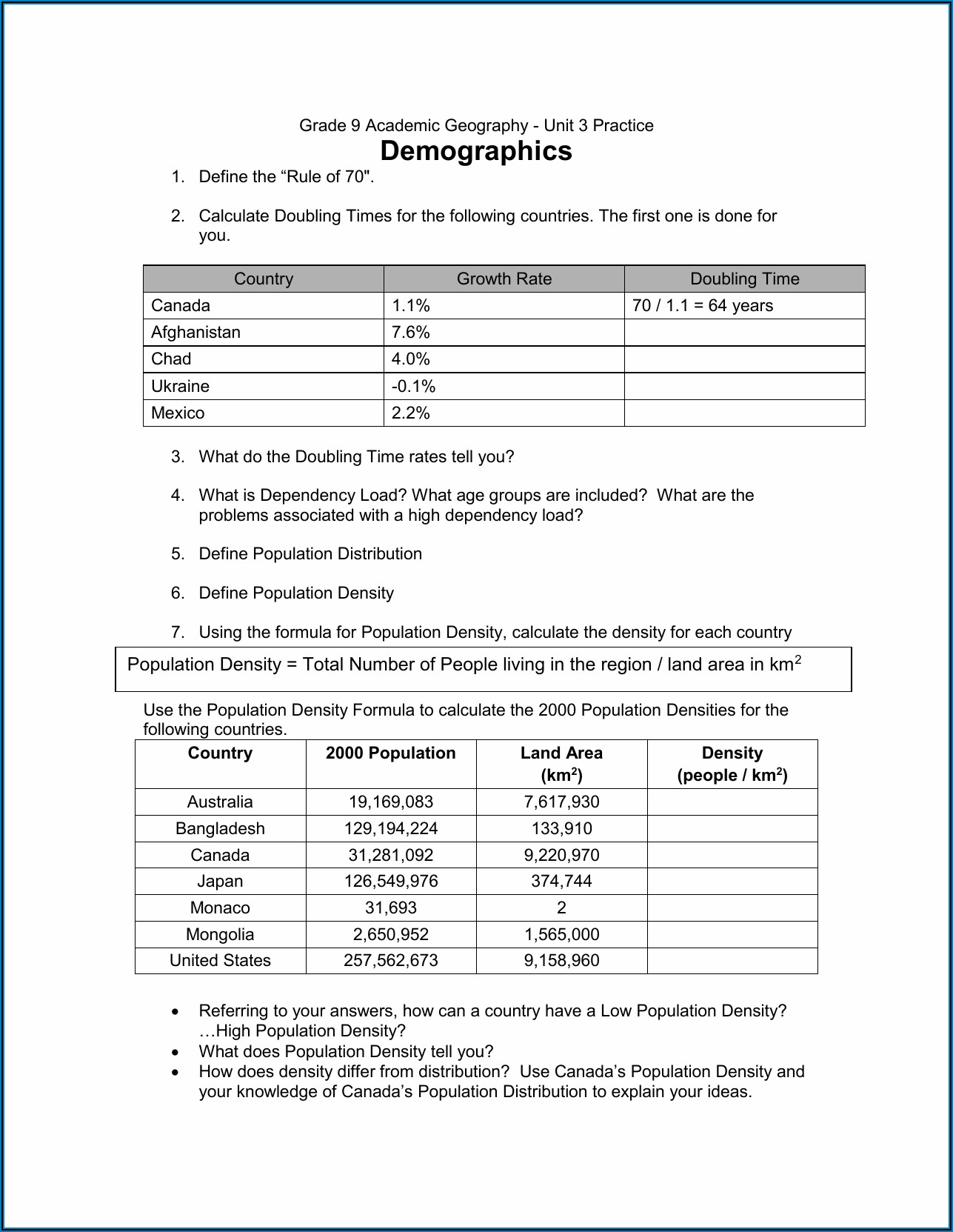 Calculating Population Density Worksheet Answers