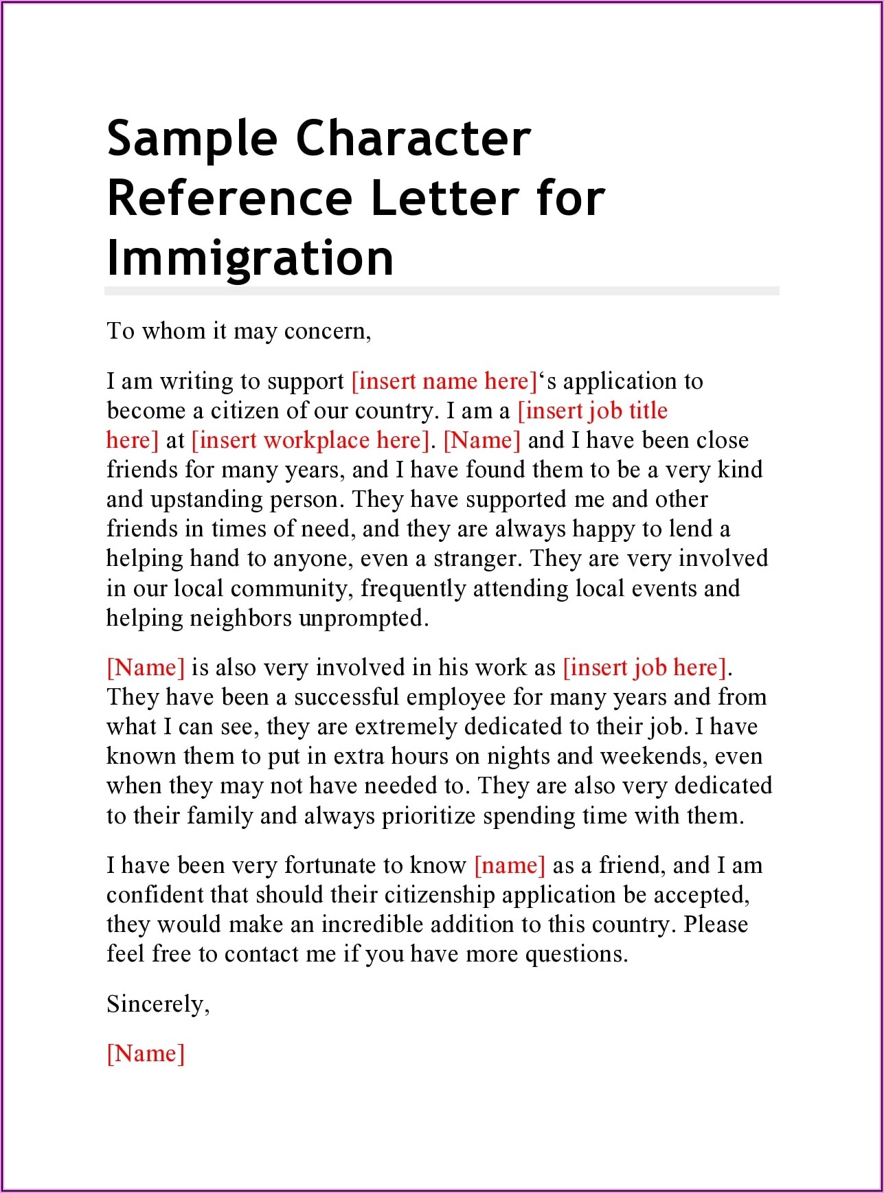 Canadian Immigration Character Reference Letter Samples