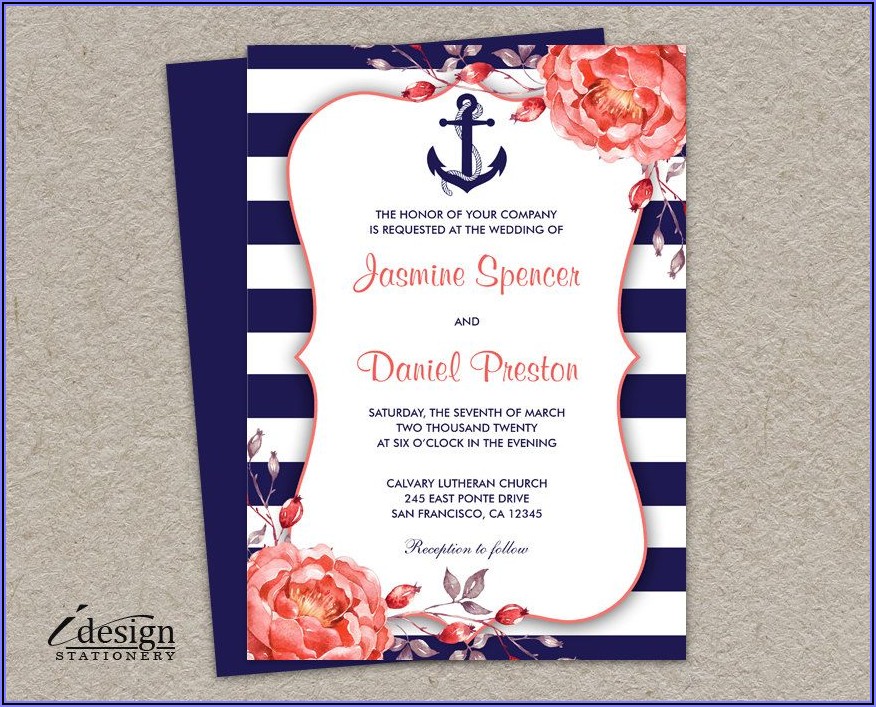 Coral And Navy Blue Wedding Invitations