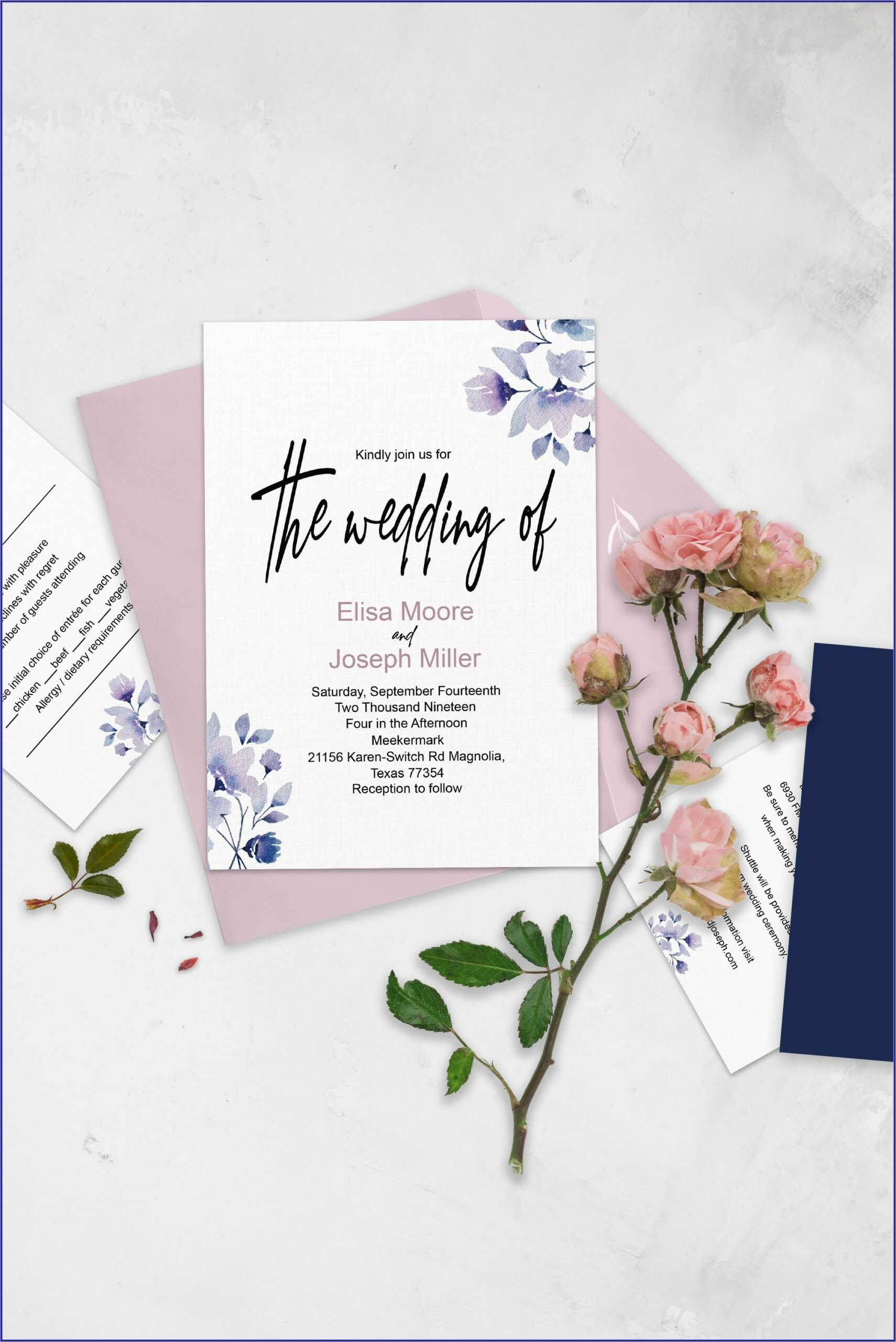 Dusty Pink And Navy Blue Wedding Invitations