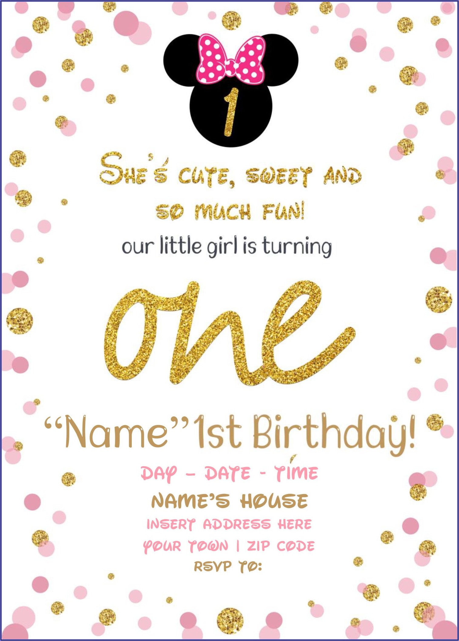 Editable Pink And Gold Minnie Mouse Invitation Template