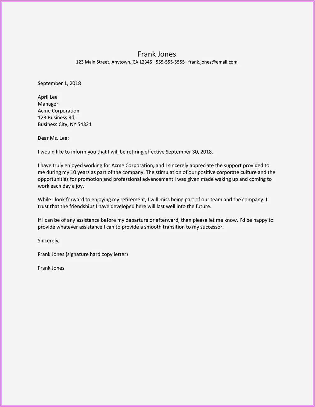 Example Resignation Letter Due To Retirement