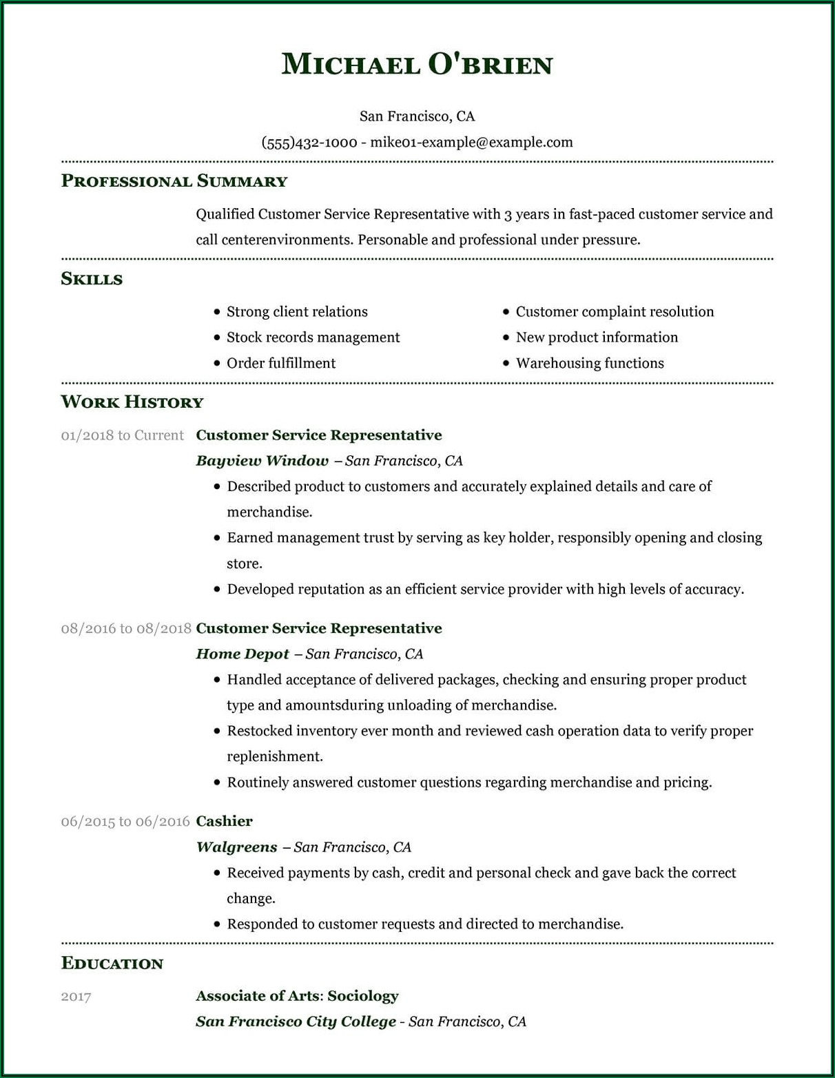 Example Resume For Customer Service Representative
