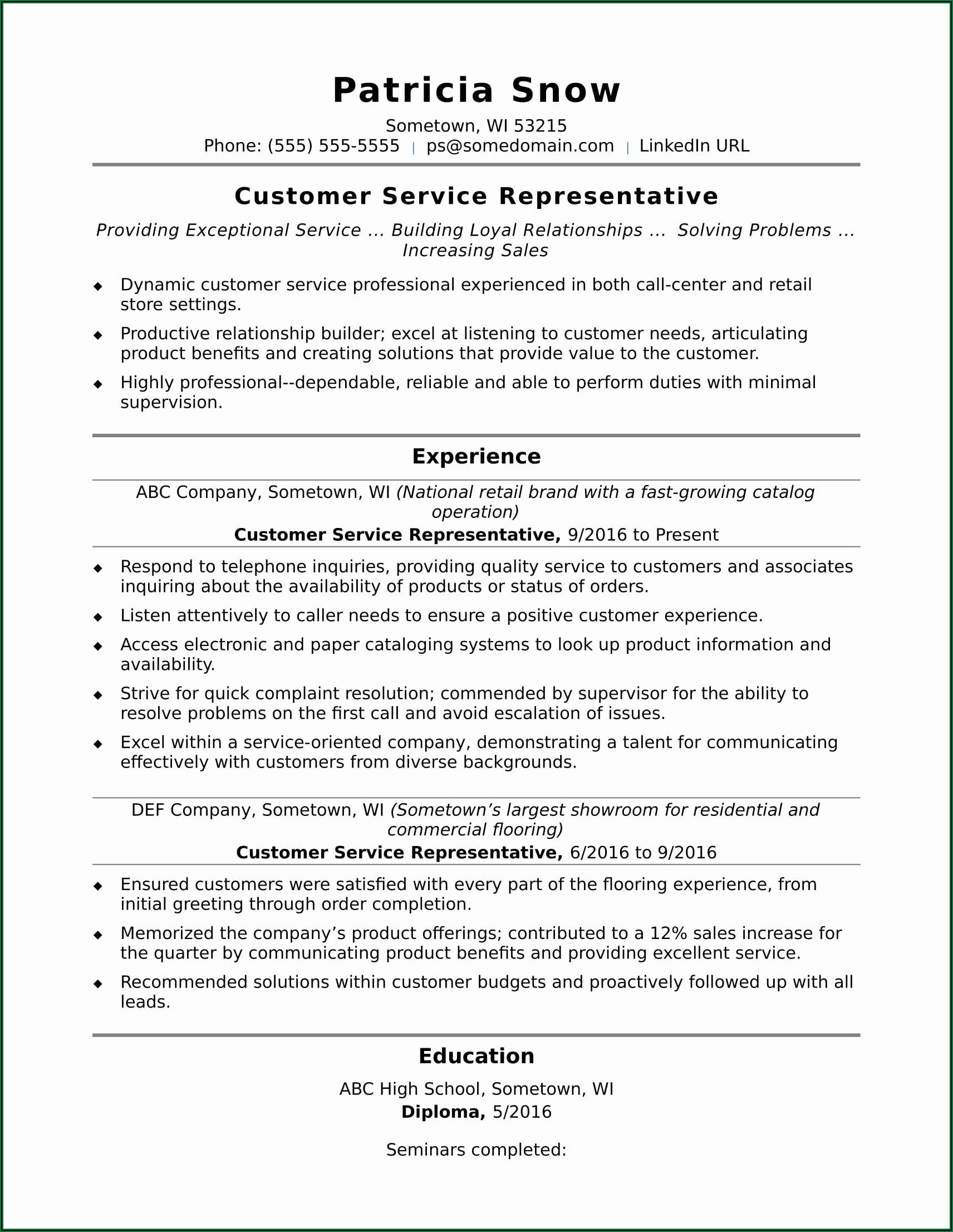 Free Resume Templates For Customer Service Representative