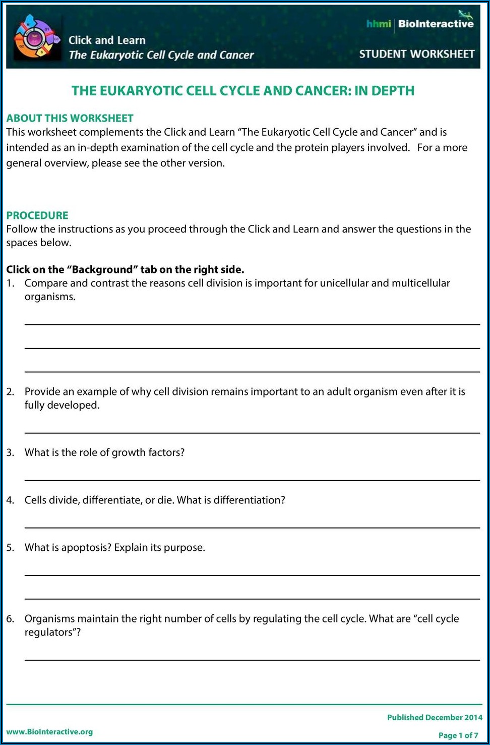 Hhmi Cell Cycle And Cancer Worksheet Answers