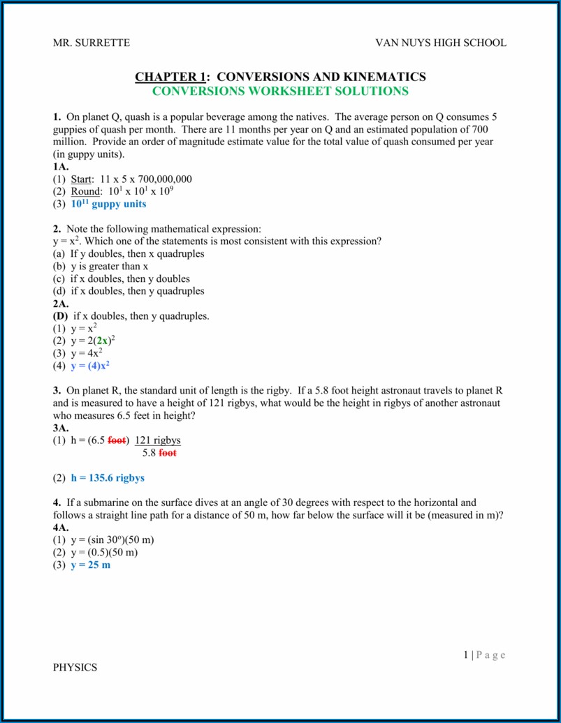 High School Physics Kinematics Worksheets