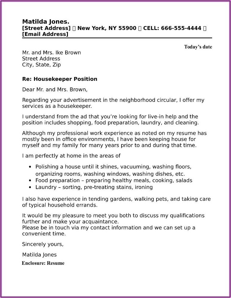 Housekeeper Cover Letter Sample
