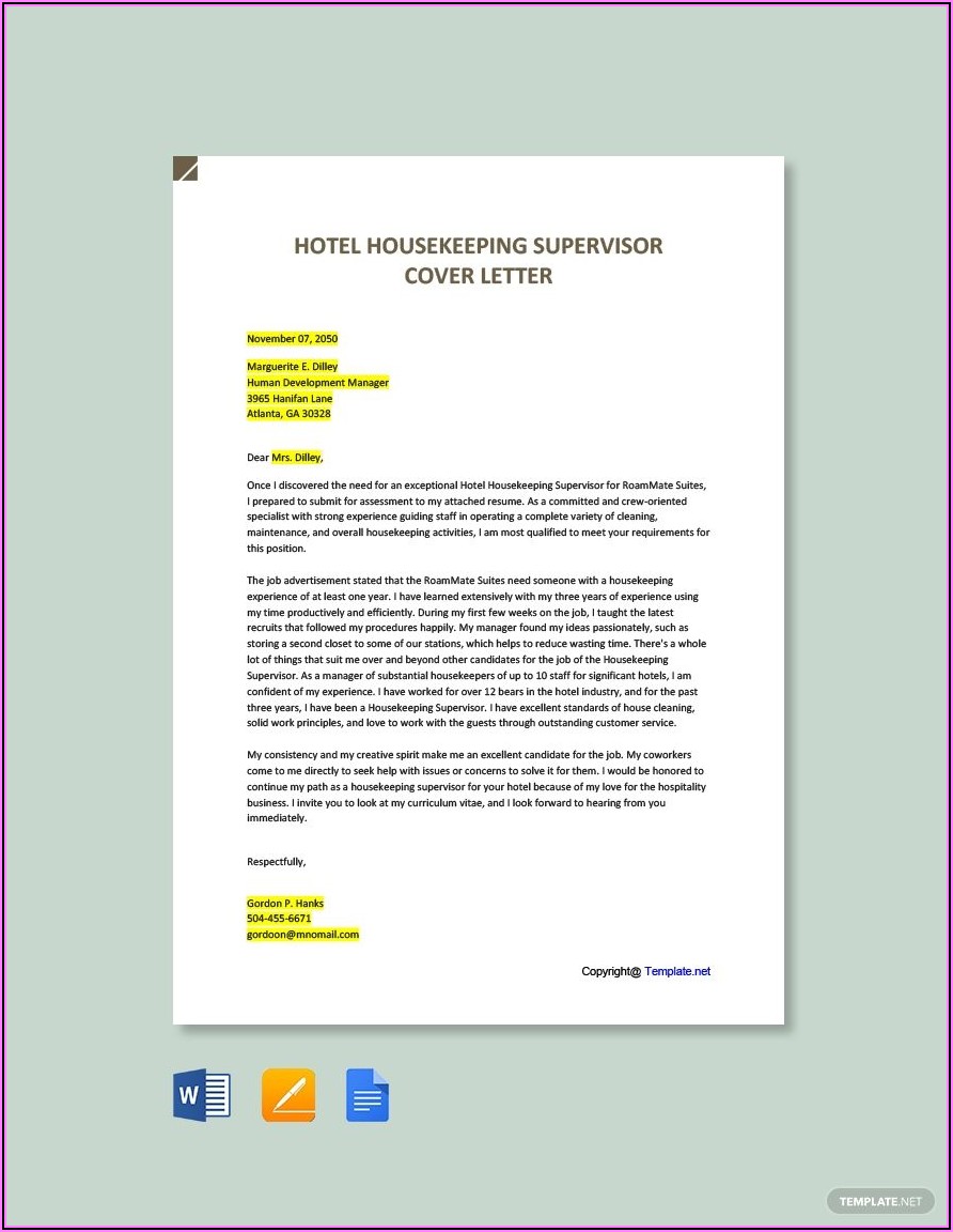 Housekeeping Supervisor Cover Letter Examples