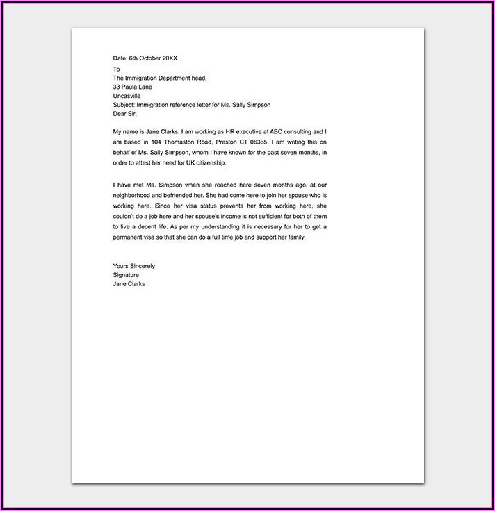 Immigration Character Reference Letter Sample