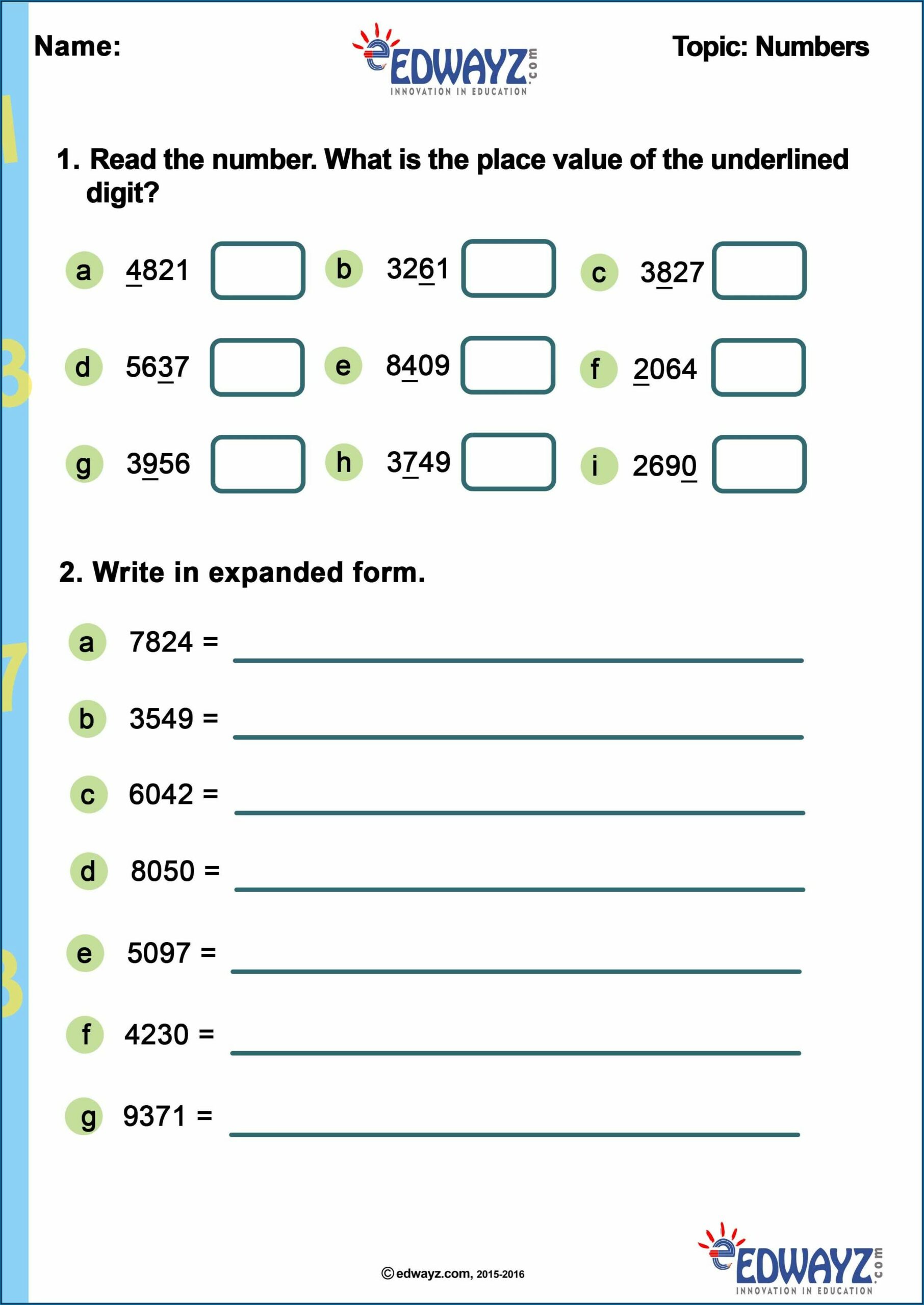 Mathematics Worksheet On Numbers Names Class 3