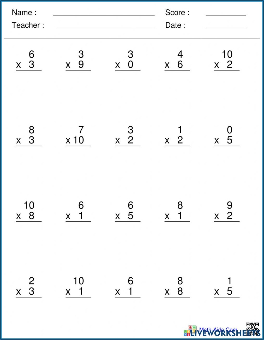 Multiplication Worksheet 0 10