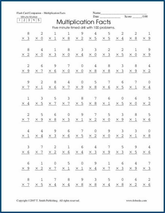 Multiplication Worksheet 100 Problems