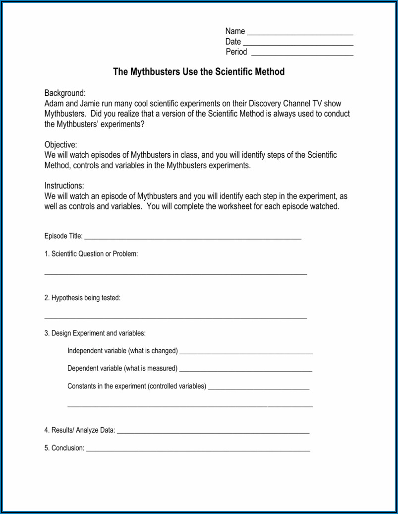 Mythbusters Worksheet Scientific Method