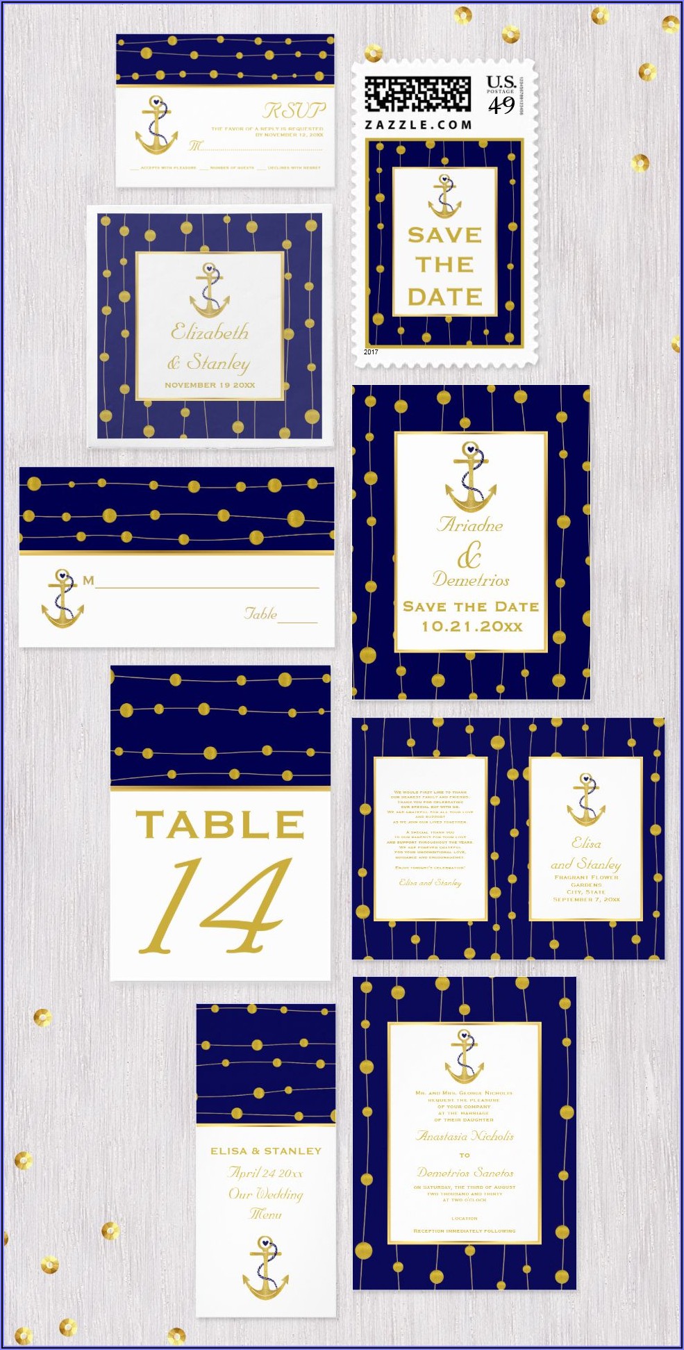 Navy Blue And Gold Foil Wedding Invitations