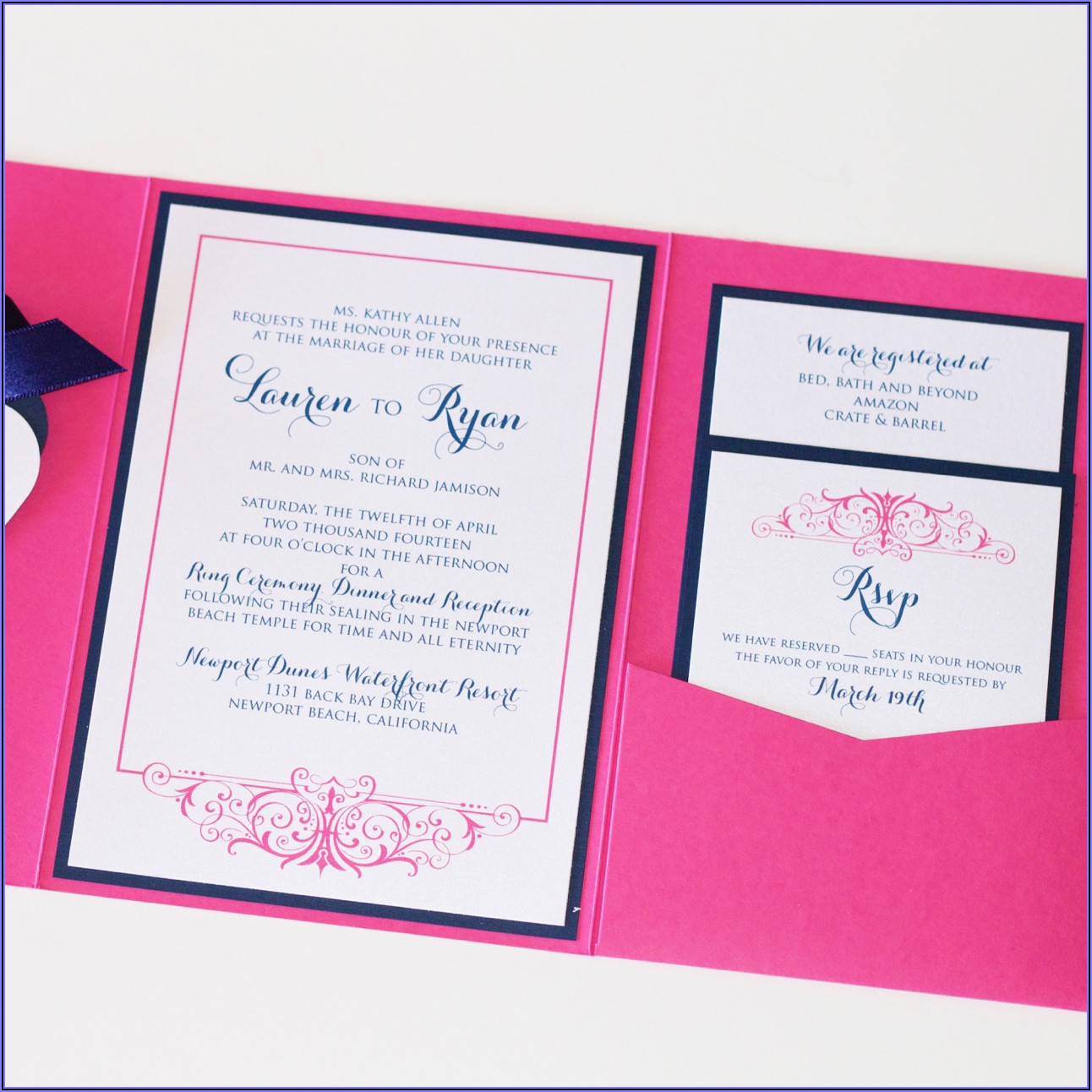 Navy Blue And Hot Pink Wedding Invitations