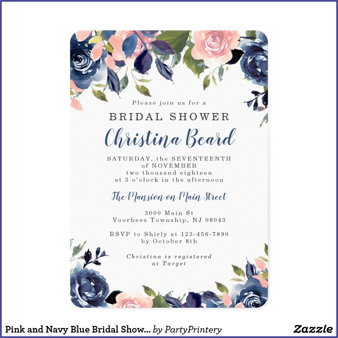Navy Blue And Pink Bridal Shower Invitations