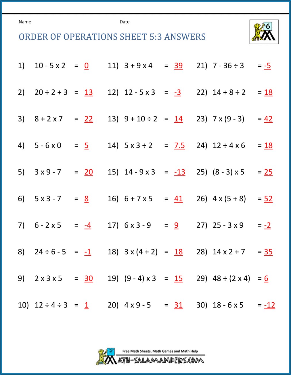 Order Of Operations Addition And Subtraction Only Worksheets