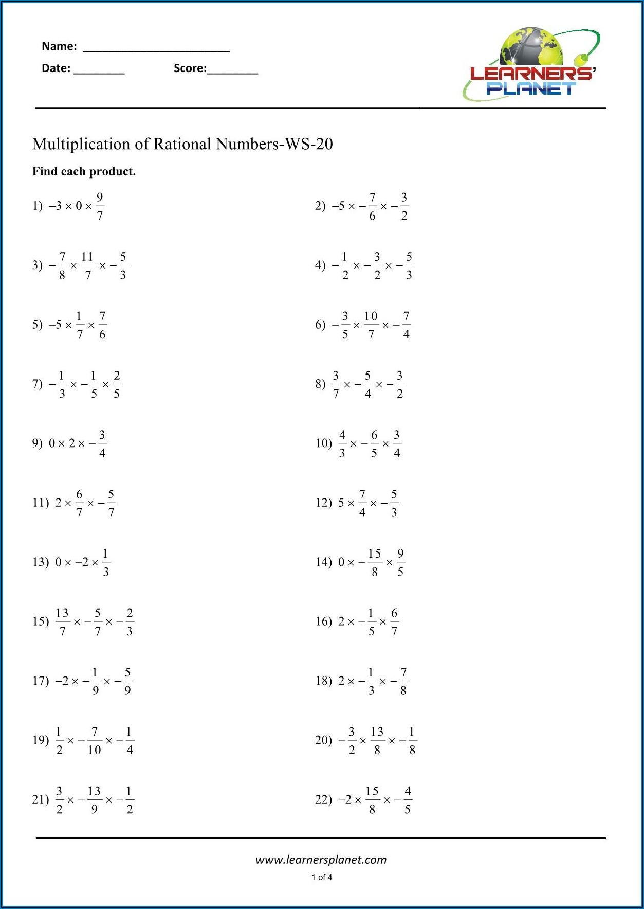 Rational Number Multiplication And Division Worksheet