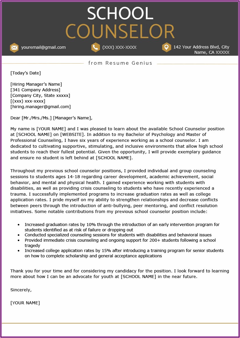 Resume Cover Letter Example School Counselor