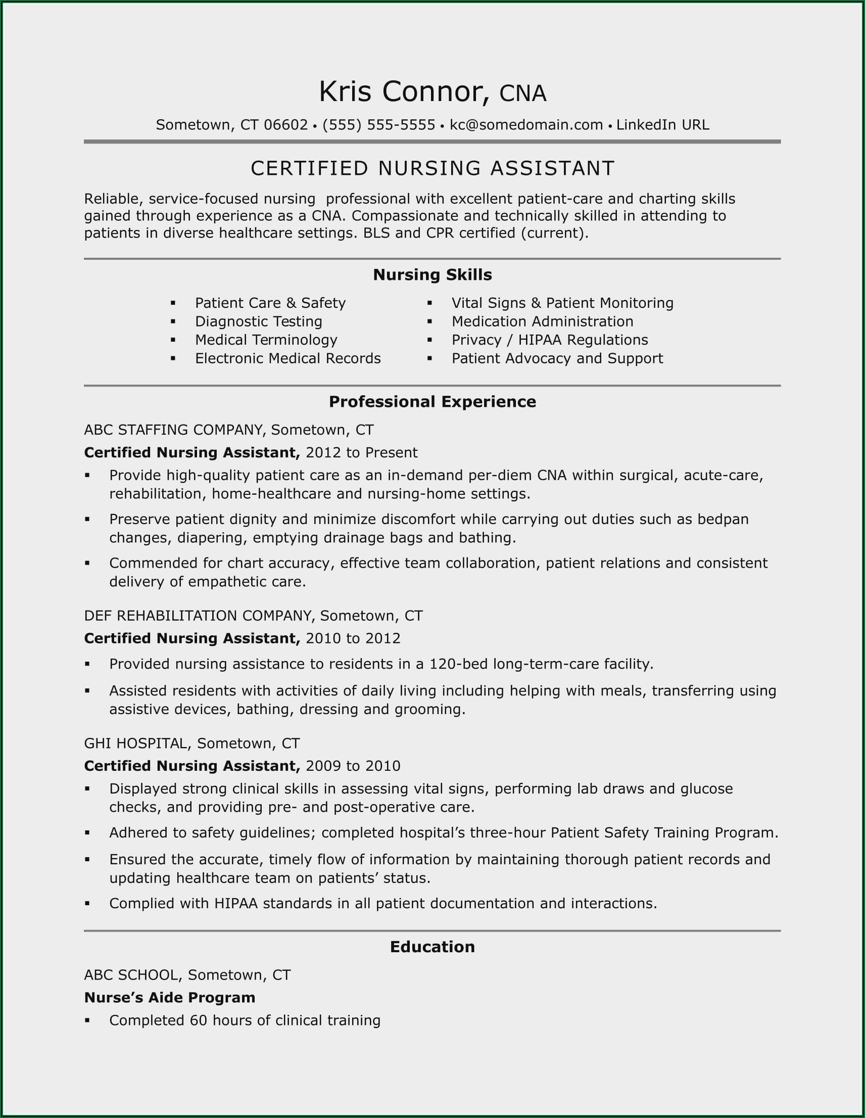 Resume For Certified Nursing Assistant
